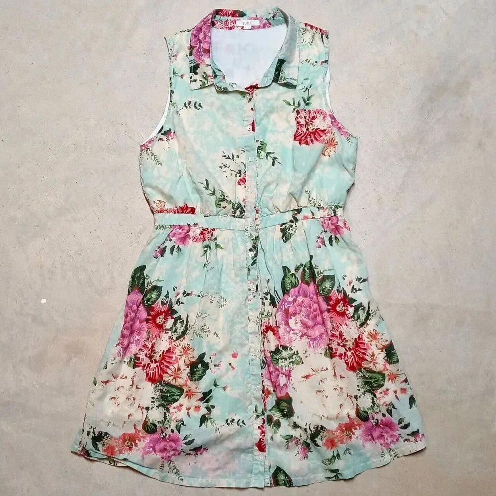 TULLE Brand Sleeveless Floral Rose Summer Spring Dress - Size Large - Picture 1 of 8